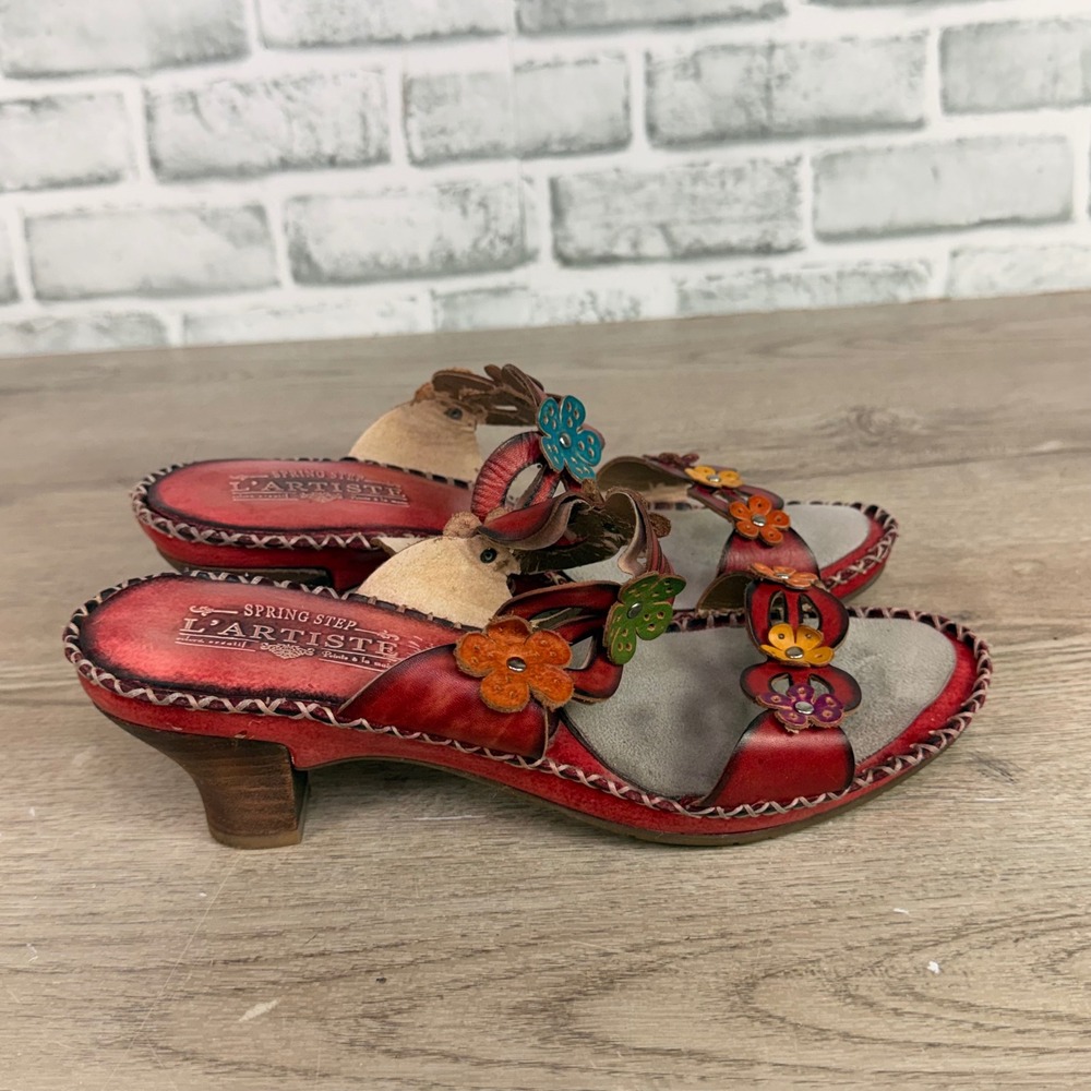 L'Artiste Spring Step Floral Leather Slide Sandals Red Womens 39 8.5